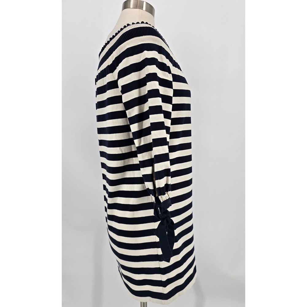 J Crew XS Stripe Knit Mini Dress Off Shoulder 3/4 Sleeve Bow Cuff 100% Cotton - Picture 6 of 11